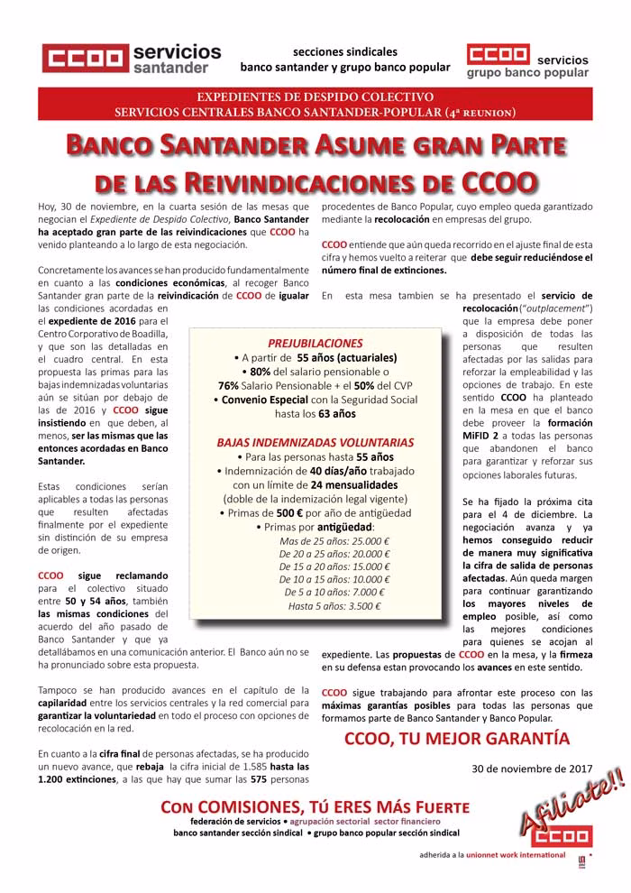 Banco Santander asume gran parte de las reivindicaciones de CCOO