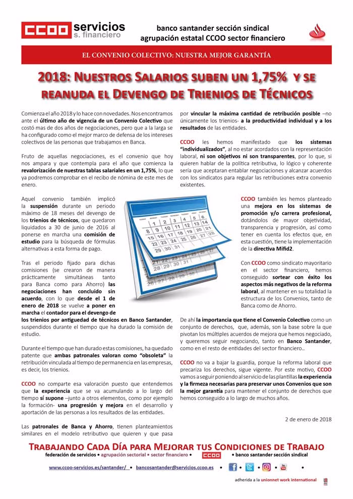 2018: Nuestros Salarios suben un 1,75% y se reanuda el Devengo de Trienios de Técnicos