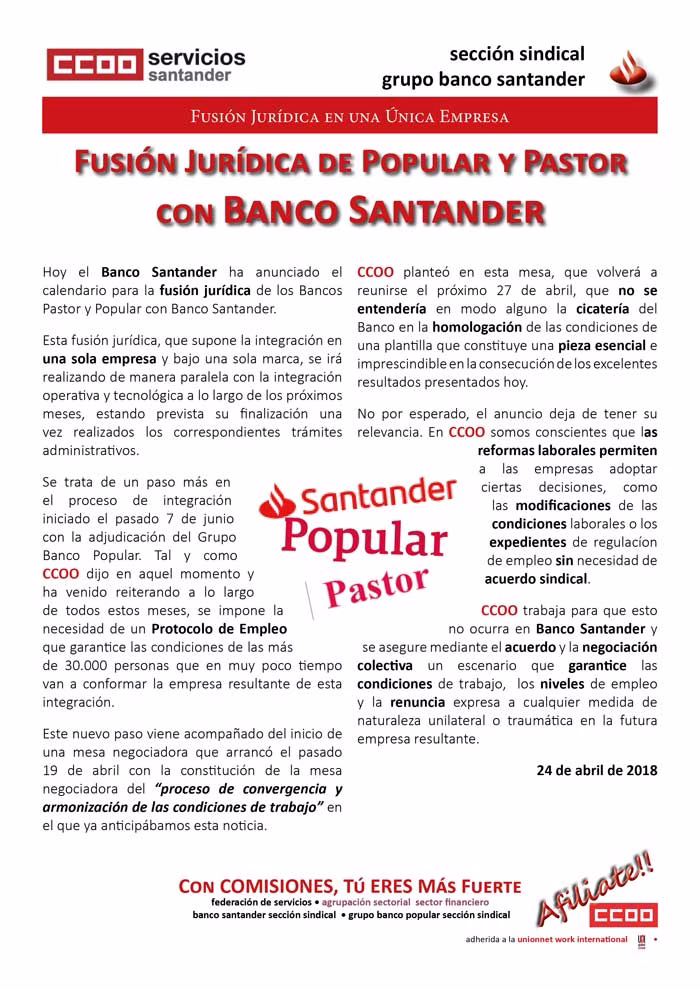 Fusión Jurídica de Popular y Pastor con Banco Santander