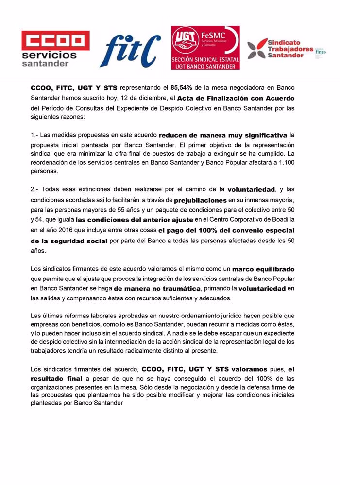 Firmado el Acuerdo en el Expediente de Despido Colectivo de los Servicios Centrales de Banco Santander y Banco Popular